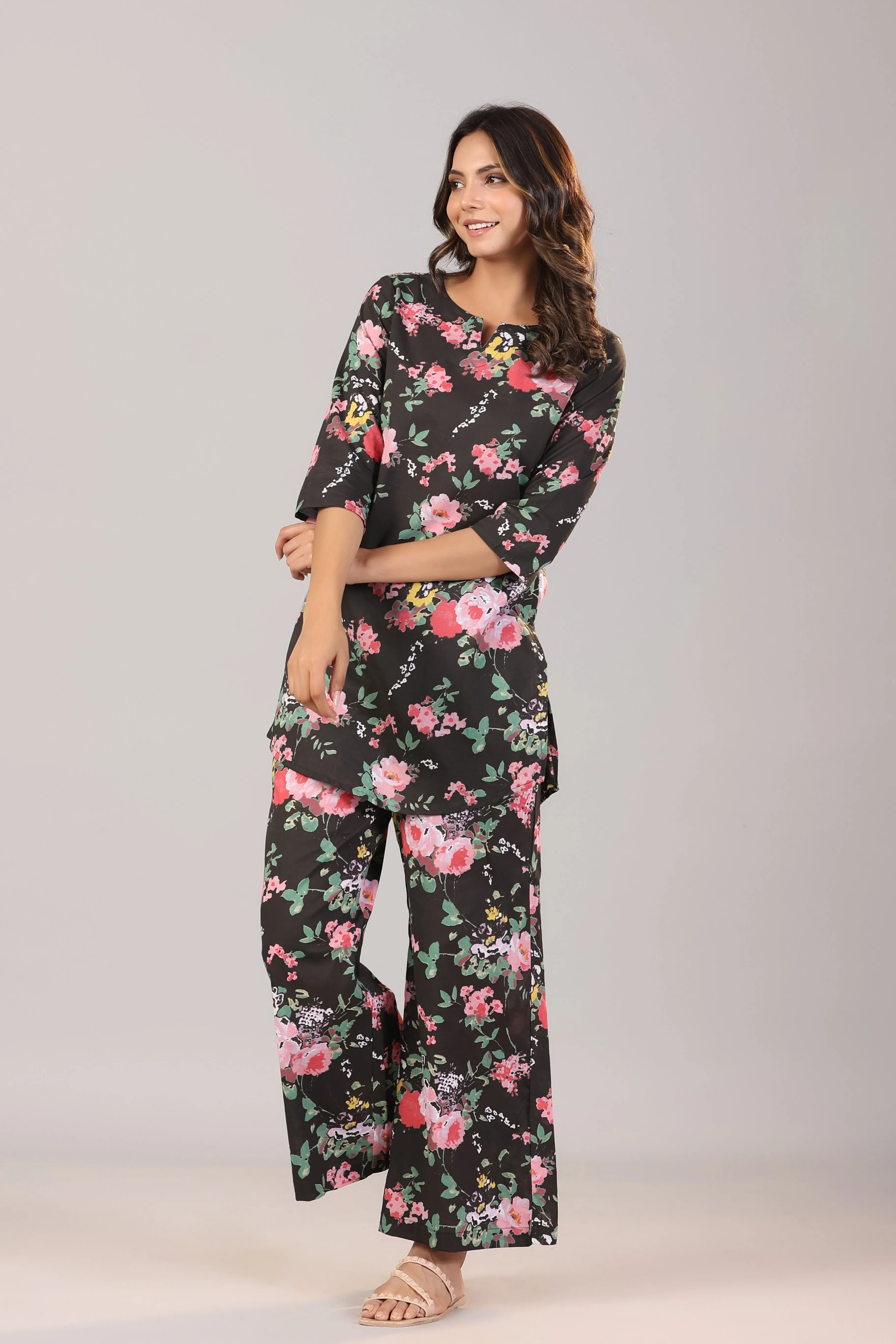 Floral Canopies on Black Cotton  Loungewear Set