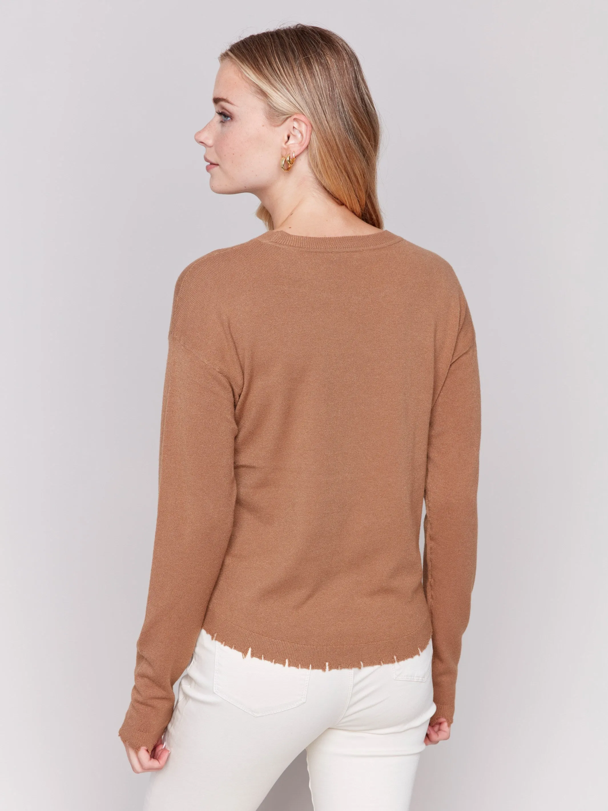 Frayed Edge Round Hem Sweater - Truffle