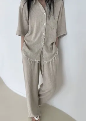 Frayed Edge Short Sleeves Linen Top and Pants Set in Beige