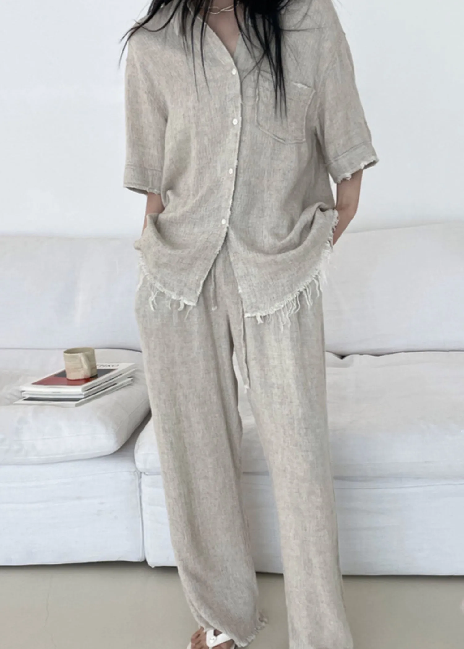 Frayed Edge Short Sleeves Linen Top and Pants Set in Beige