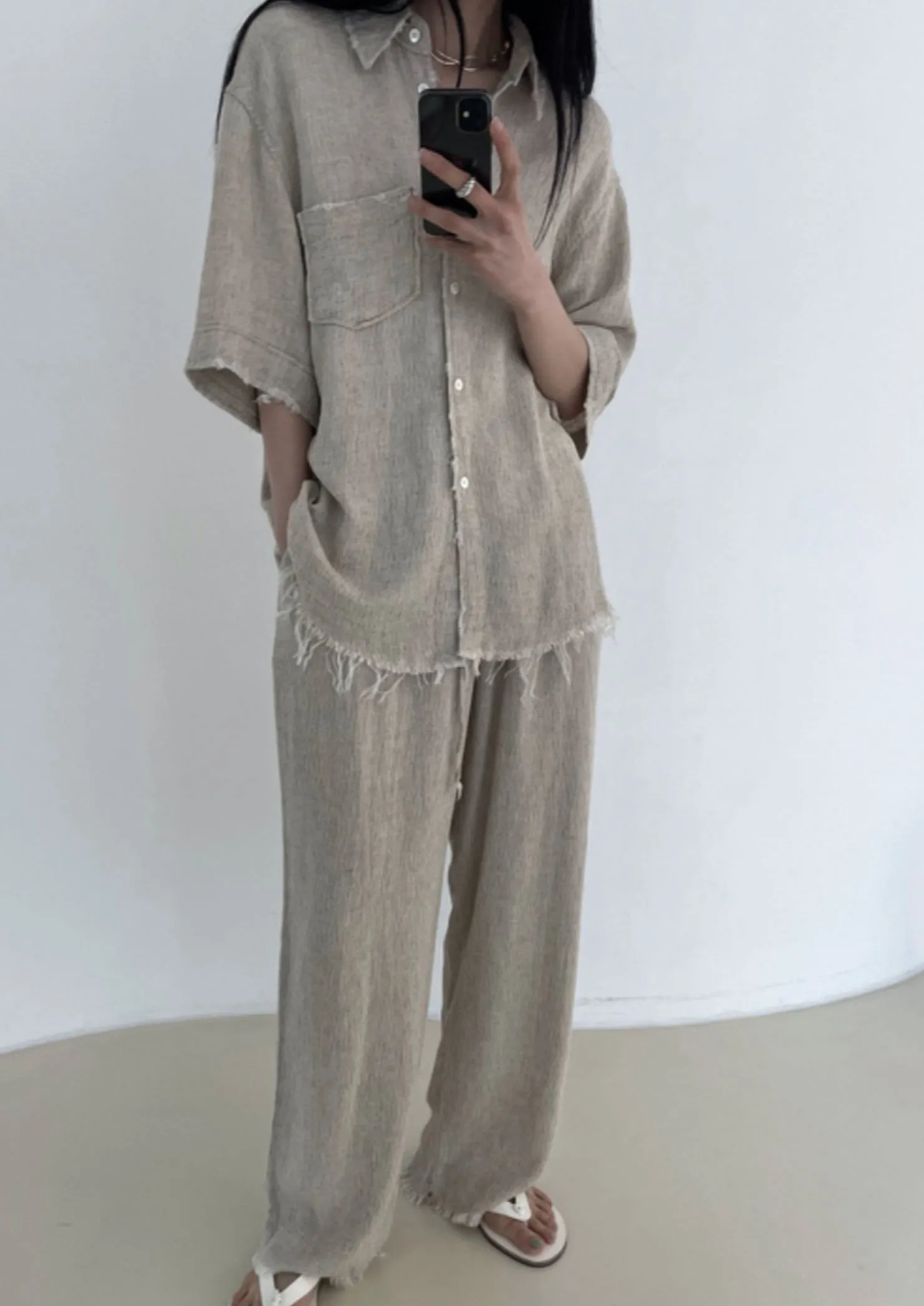 Frayed Edge Short Sleeves Linen Top and Pants Set in Beige