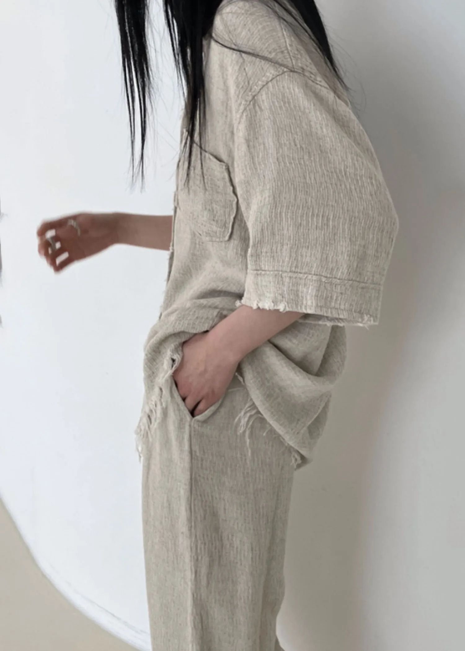 Frayed Edge Short Sleeves Linen Top and Pants Set in Beige