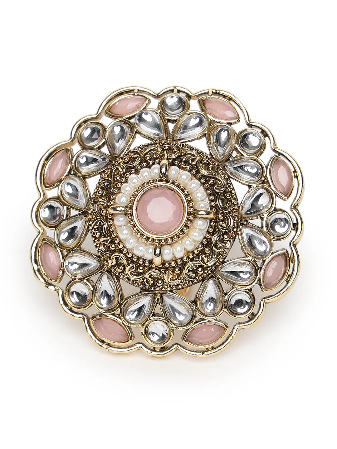 Gold-Plated Pink Kundan-Studded & Beaded Adjustable Traditional Finger Ring