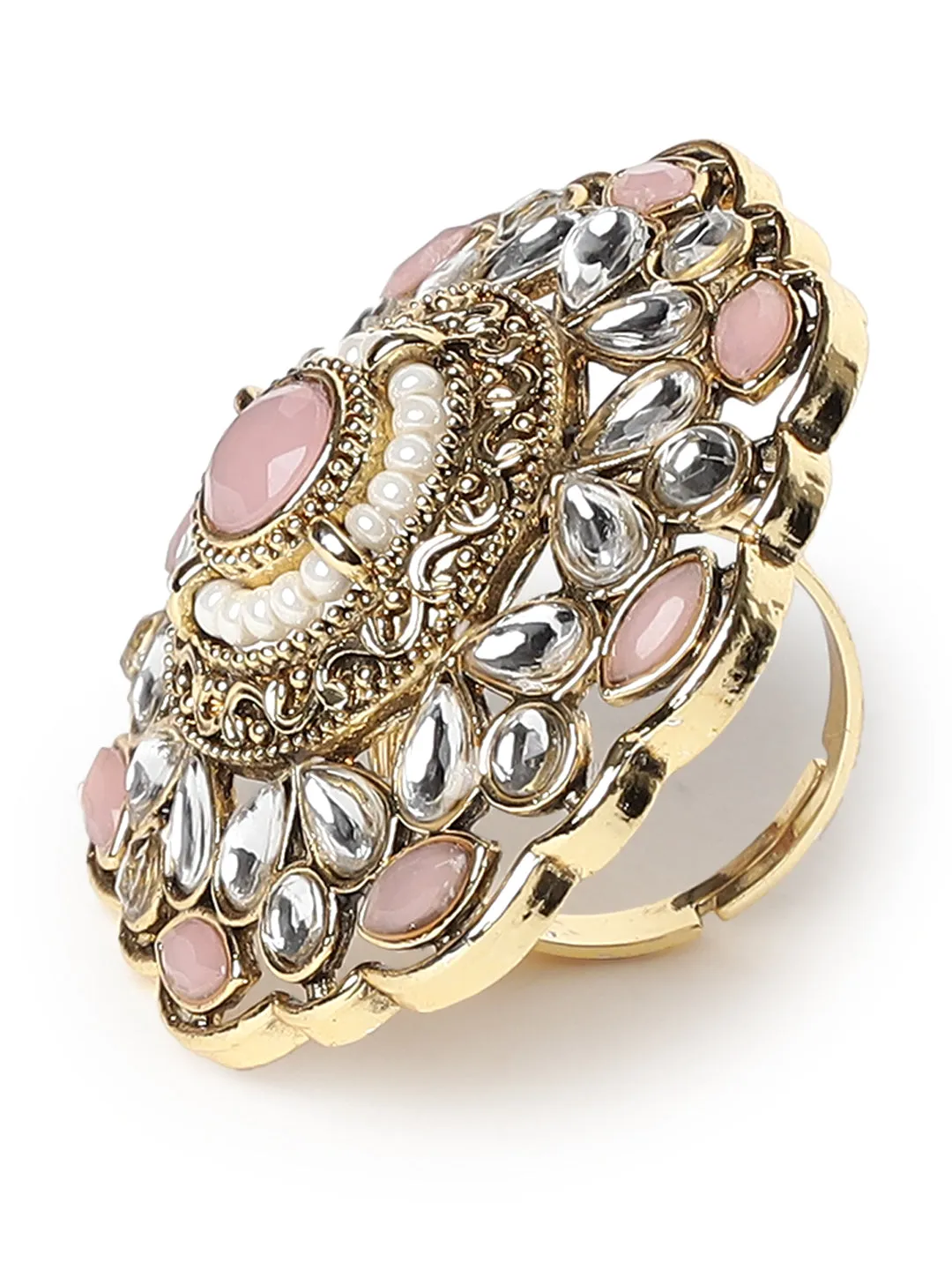 Gold-Plated Pink Kundan-Studded & Beaded Adjustable Traditional Finger Ring