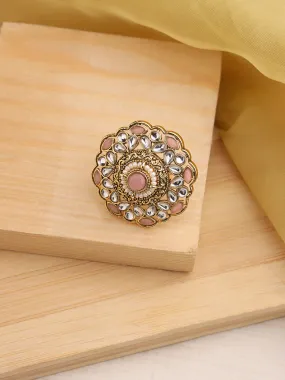 Gold-Plated Pink Kundan-Studded & Beaded Adjustable Traditional Finger Ring