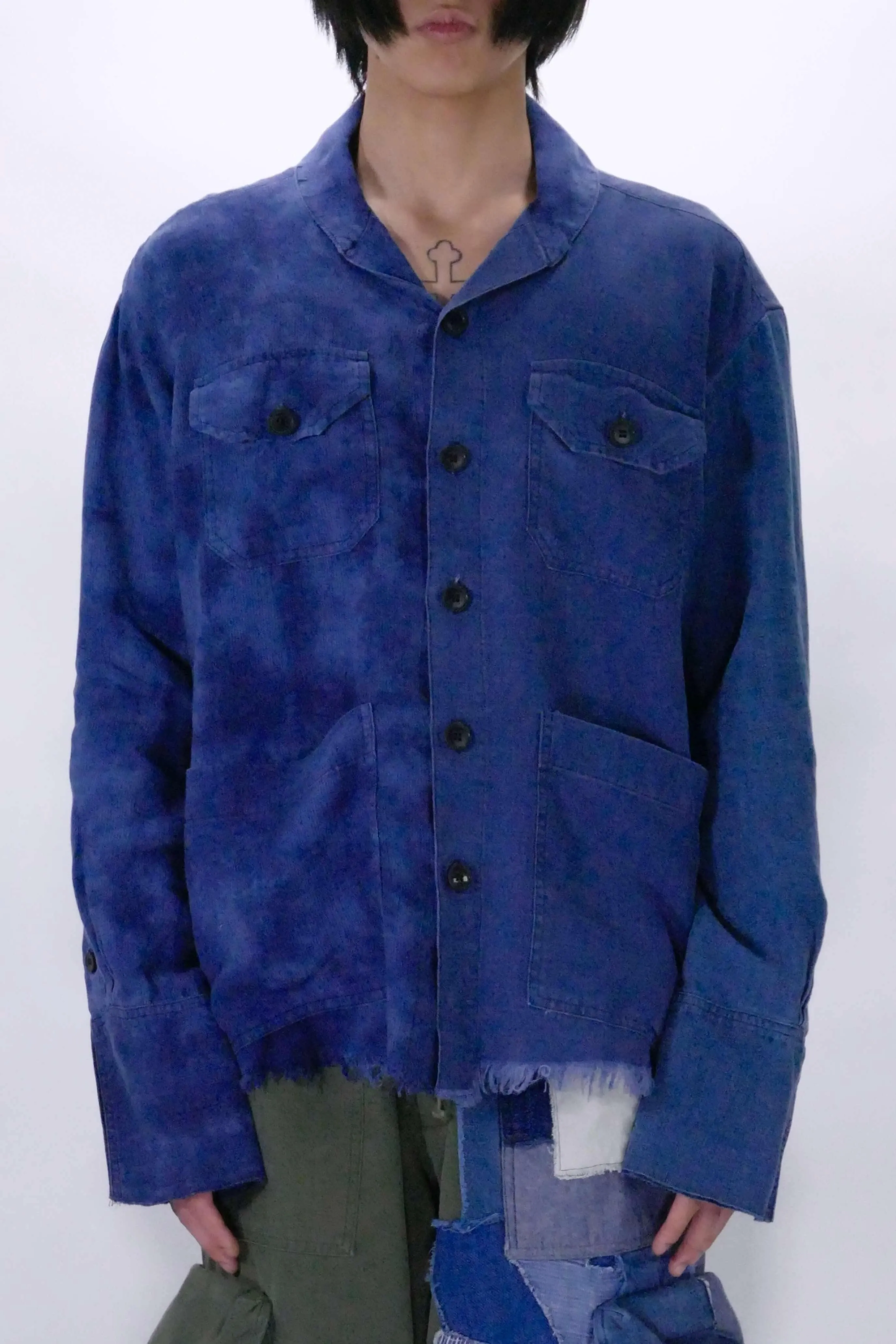 Greg Lauren Indigo Shawl Collar Boxy Shirt - Blue