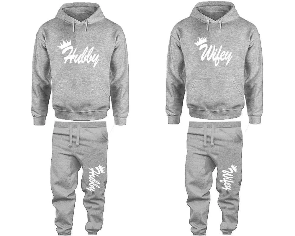 Hubby Wifey Couple Pullover Hoodie and Jogger Pants, Matching Top Bottom Sets