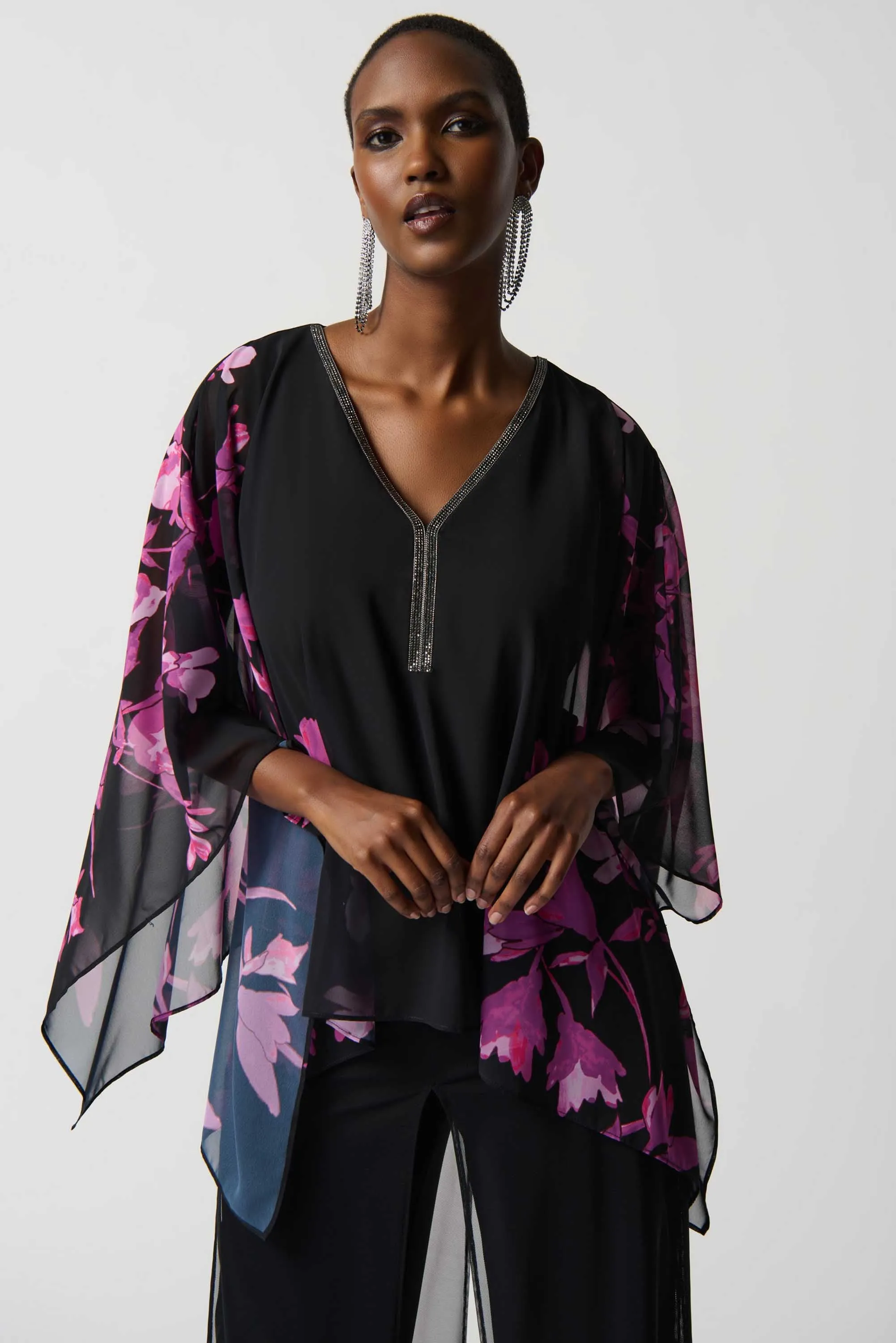 Joseph Ribkoff Black/Pink Floral Top Style 234199-435