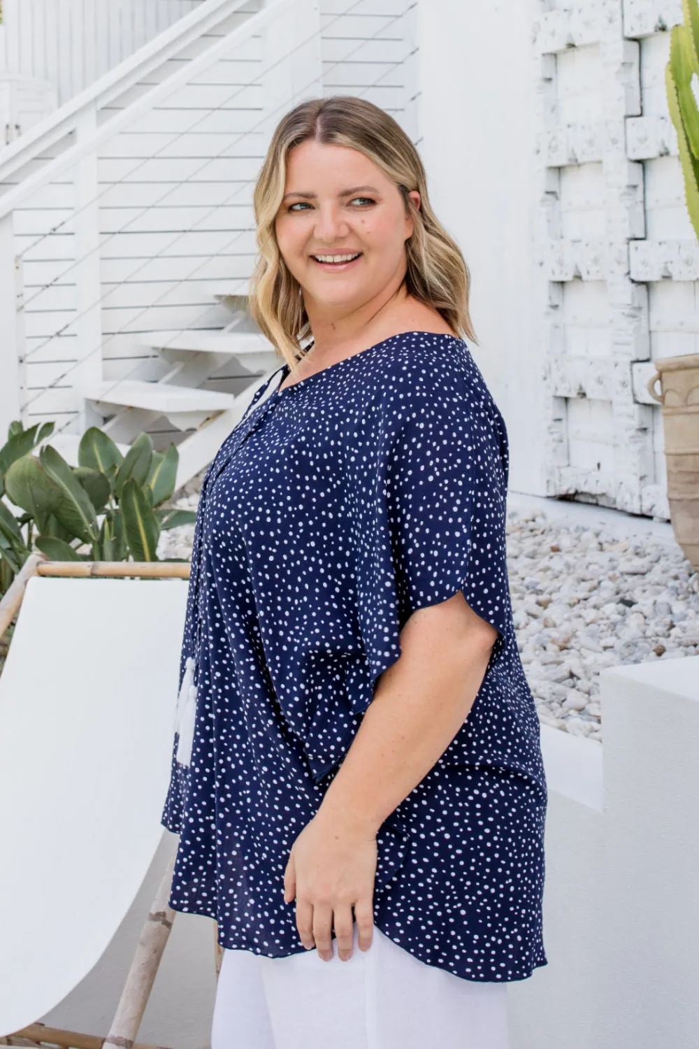 Kaftan Top - Navy Messy Polka