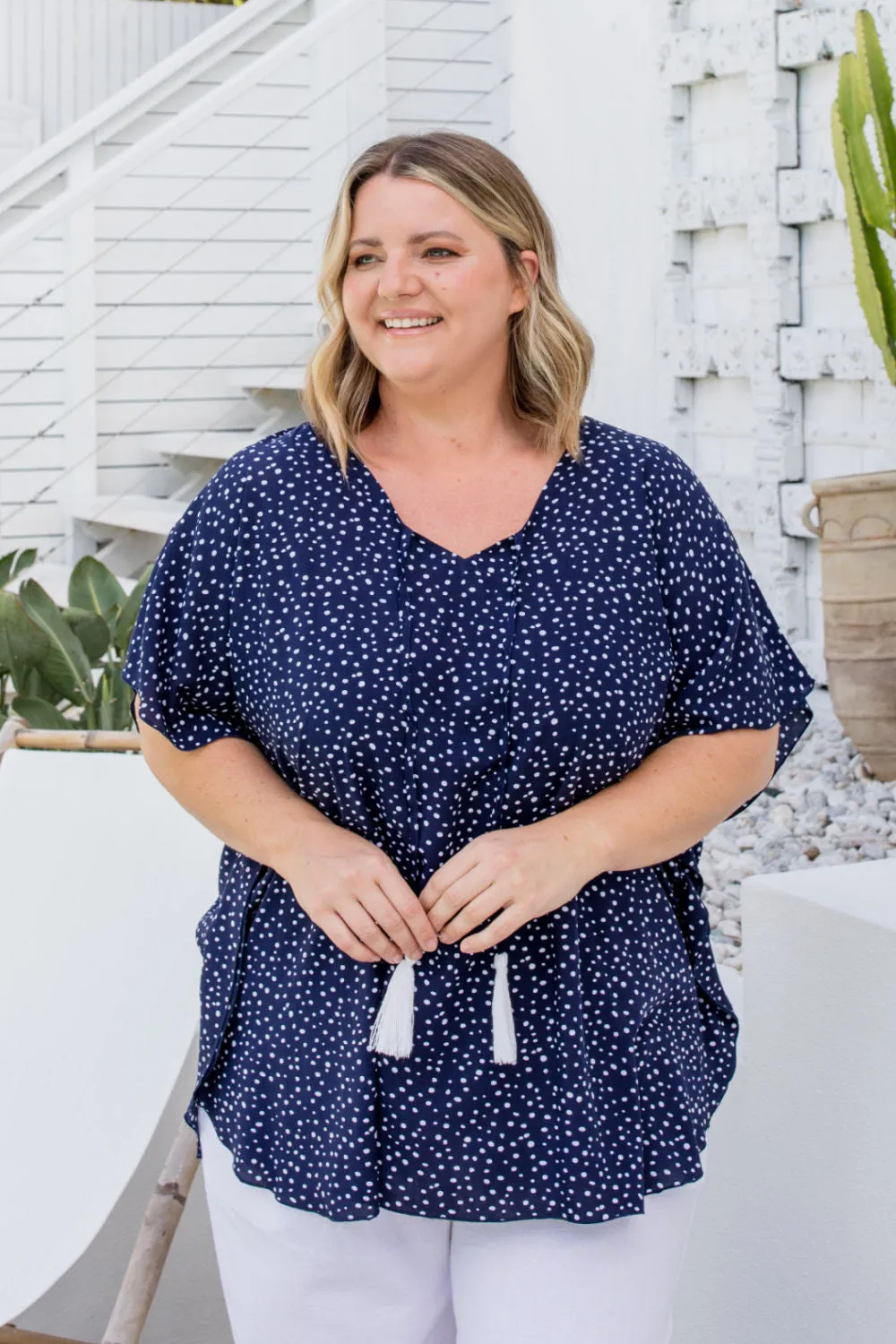 Kaftan Top - Navy Messy Polka