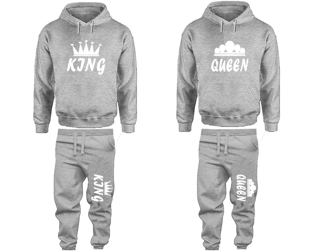 King Queen Couple Matching Top Bottom Set Pullover Hoodies and Jogger Pants