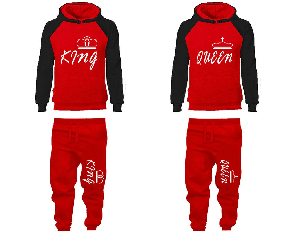 King Queen Couple Matching Top Bottom Set Raglan Hoodies and Jogger Pants