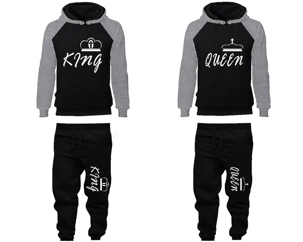 King Queen Couple Matching Top Bottom Set Raglan Hoodies and Jogger Pants