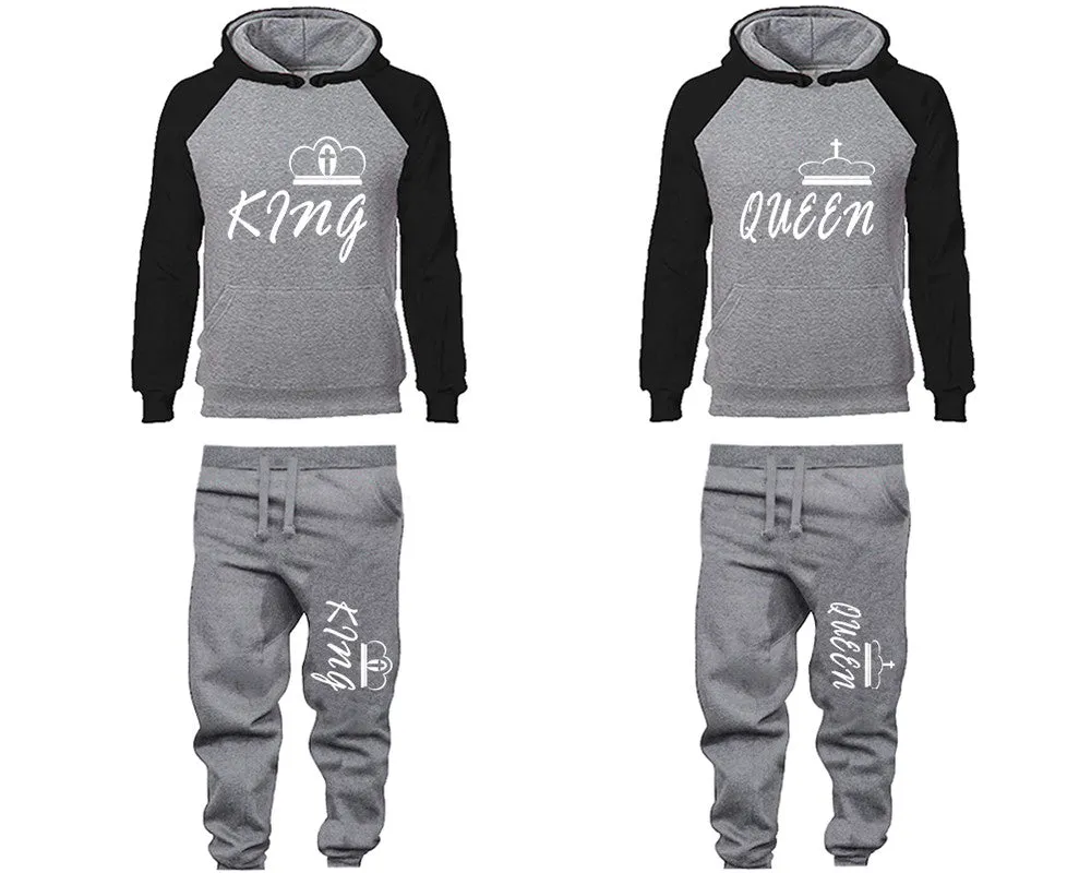 King Queen Couple Matching Top Bottom Set Raglan Hoodies and Jogger Pants