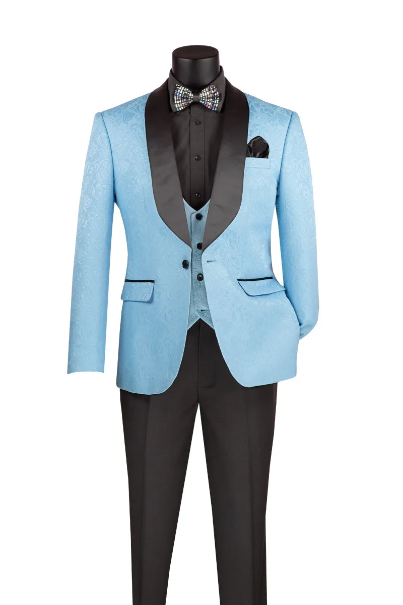 Light Blue Jaquard Three Piece Slim Fit Tuxedo