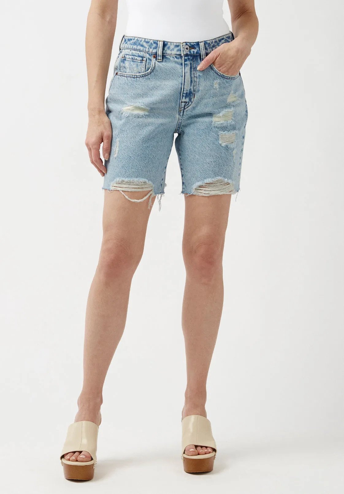 Maggie Women's Mom Shorts in Blue Bleached and Destructed- BL15905