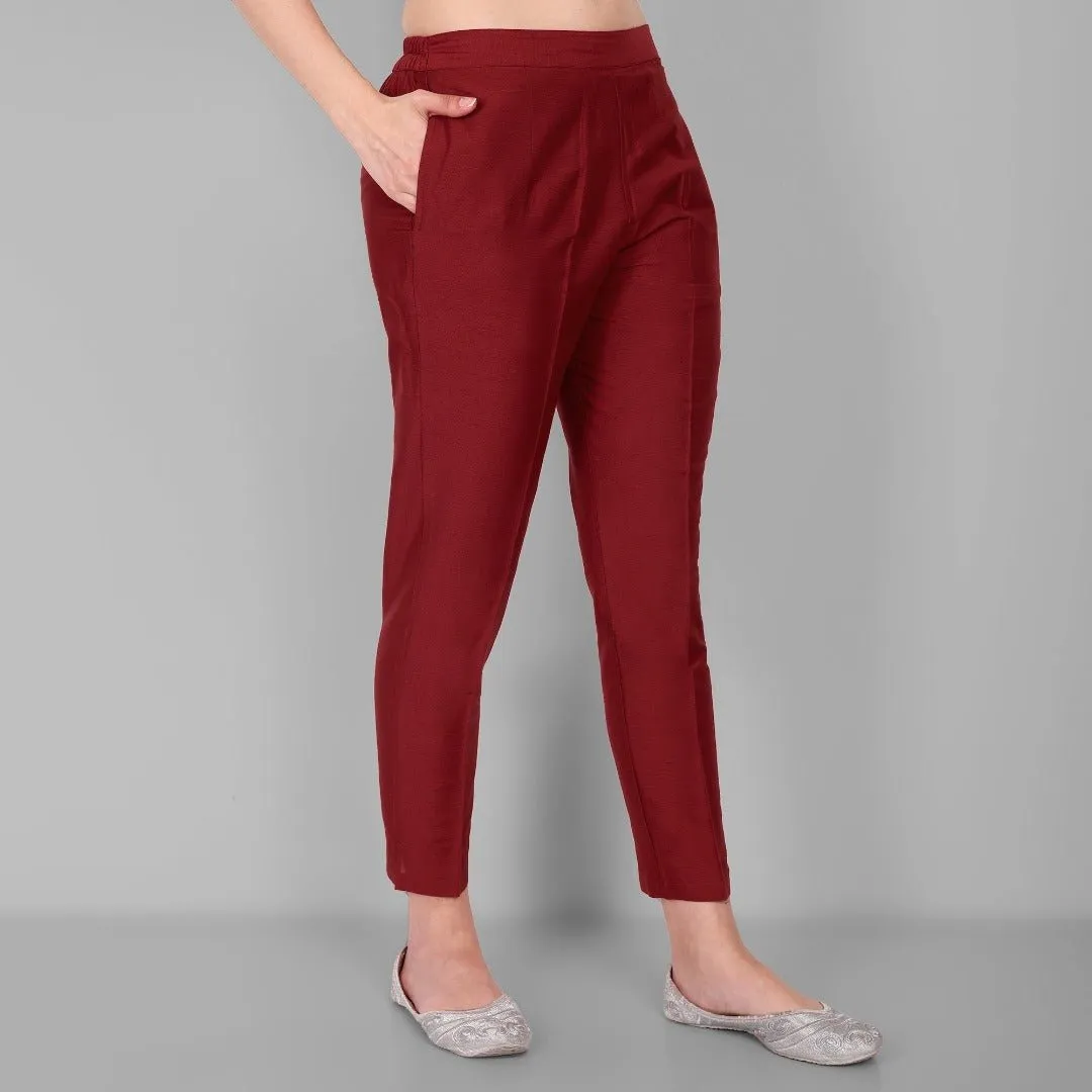 Maroon Cotton Silk Pant with Pockets