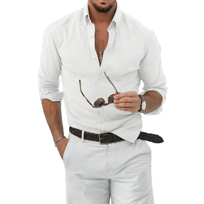 Mens Button Down Shirt High Grade Linen Cotton Shirts Plain Tops |  MC255374