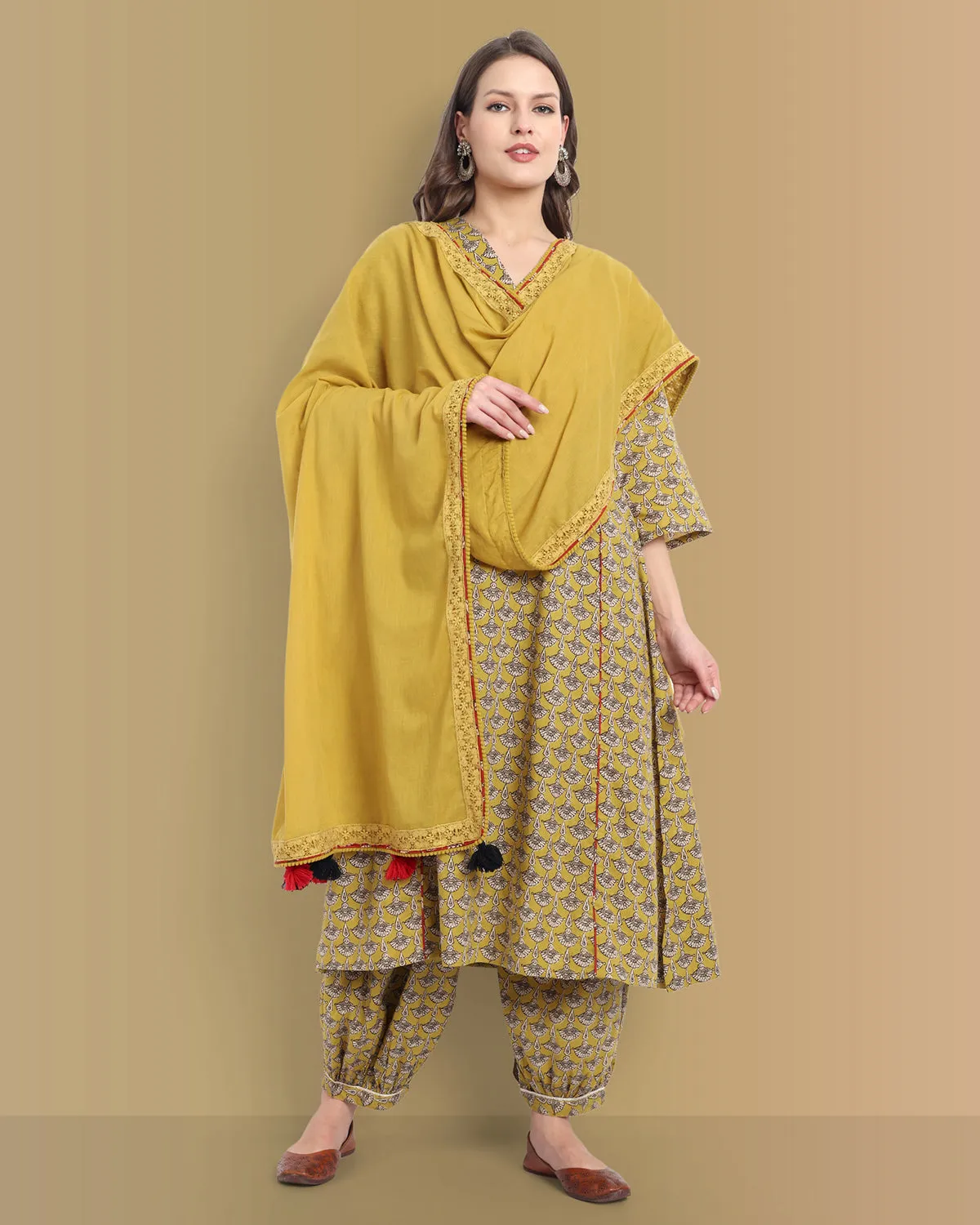 Mustard Mosaic Ajrak A Line Kurta with Harem Pant - Set of 2