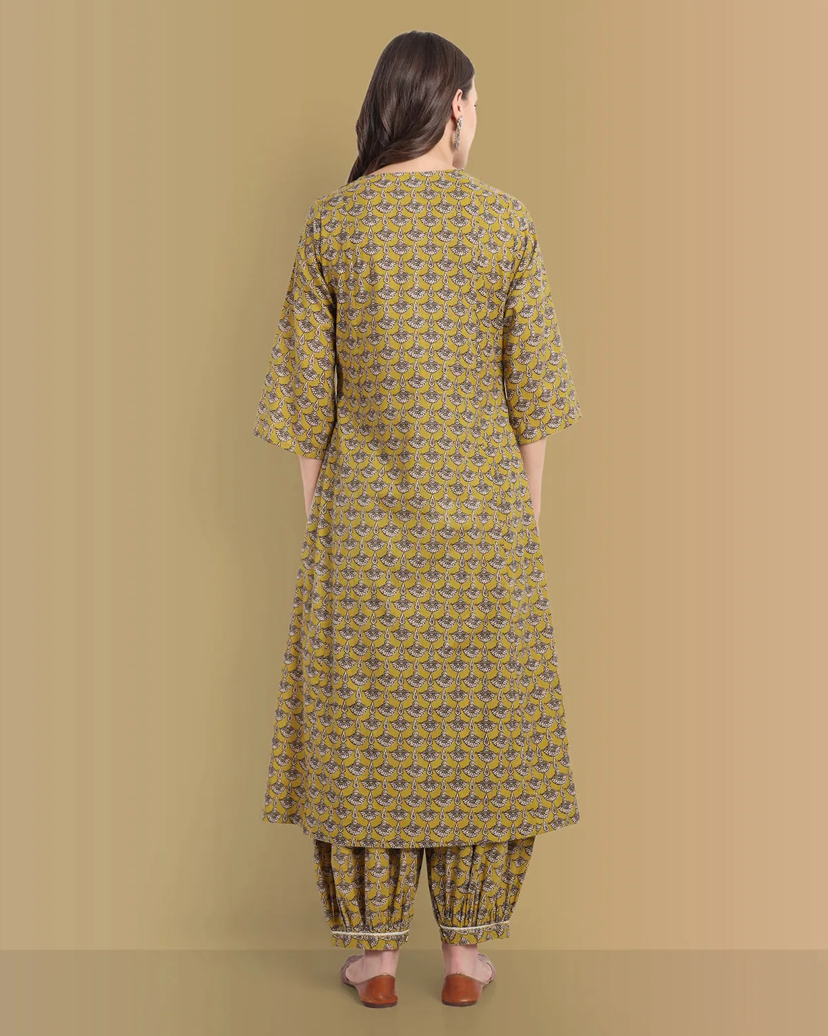 Mustard Mosaic Ajrak A Line Kurta with Harem Pant - Set of 2