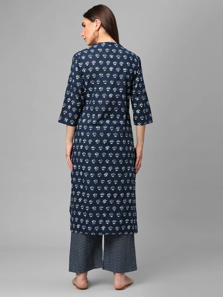 Navy Blue Floral Printed Kurta With Comfort Pant