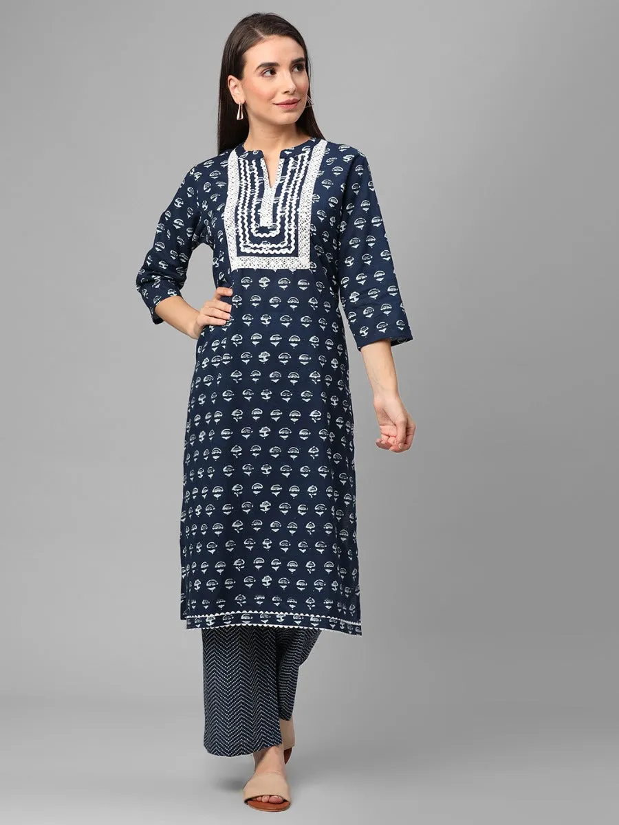 Navy Blue Floral Printed Kurta With Comfort Pant