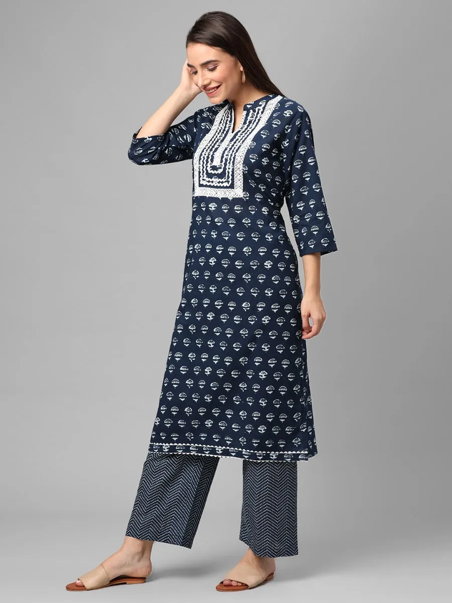 Navy Blue Floral Printed Kurta With Comfort Pant