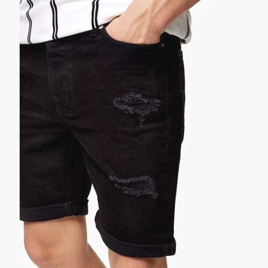 Premium Quality Black Denim Stretch Ripped Short For Men (TM-11428)