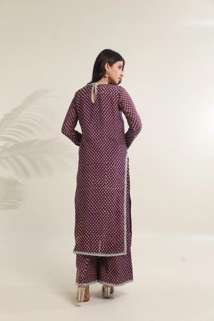 Purple bandhej handblock straight muslin set