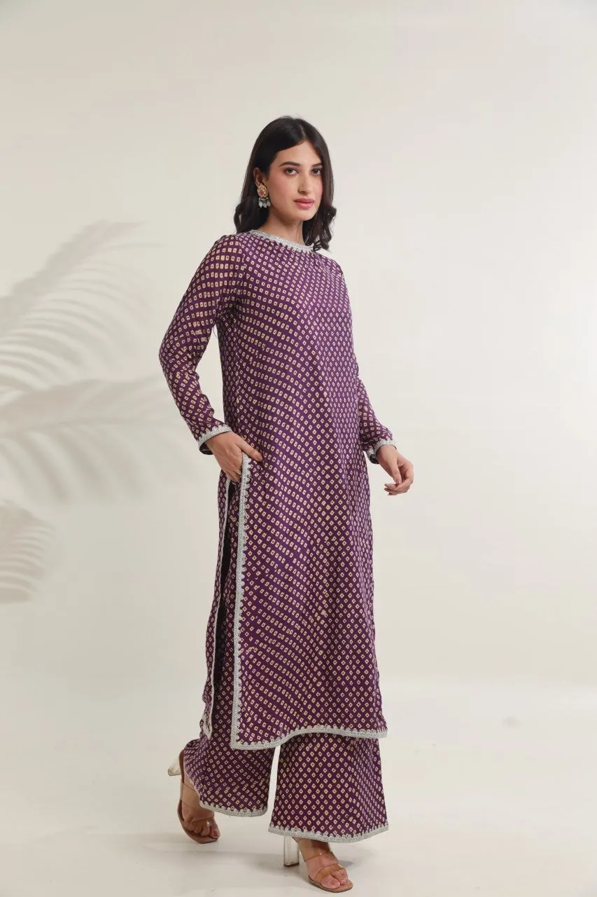 Purple bandhej handblock straight muslin set