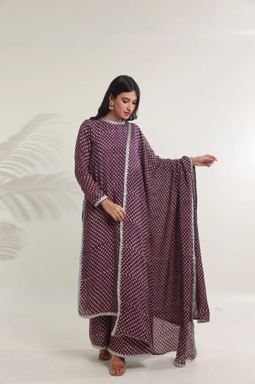 Purple bandhej handblock straight muslin set