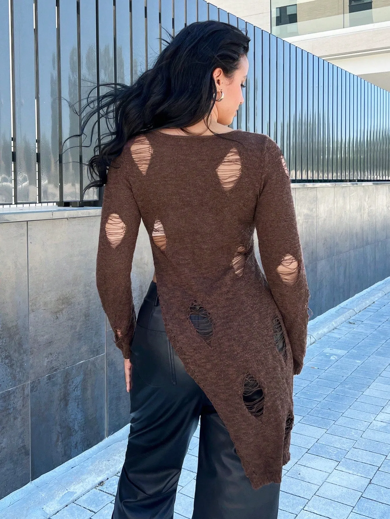 Ripped Design Stretch Knit Sweater