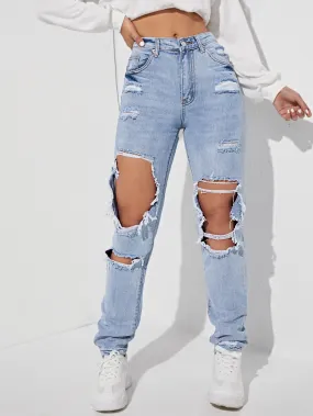 Ripped Detail Straight Leg Jeans