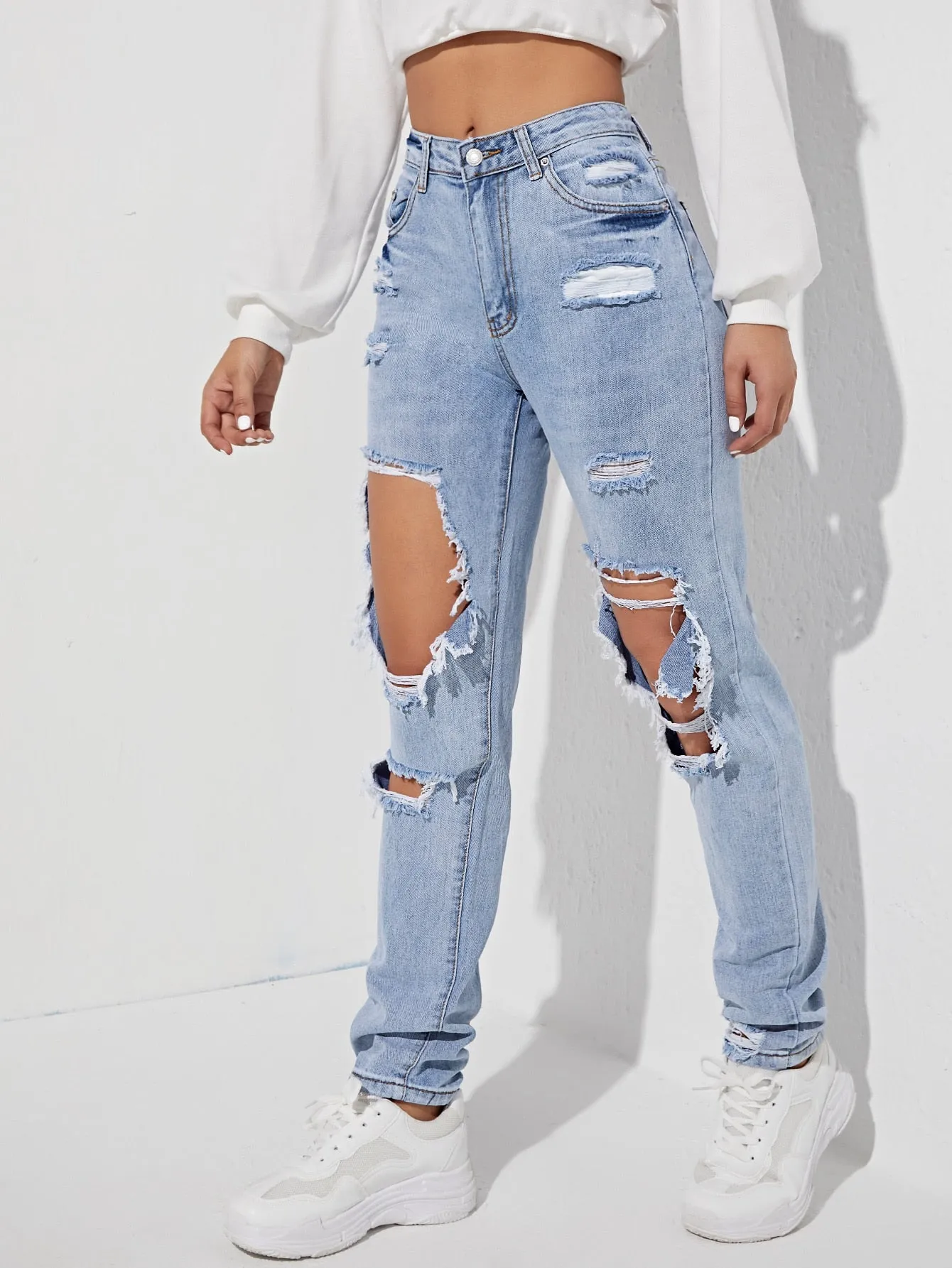 Ripped Detail Straight Leg Jeans