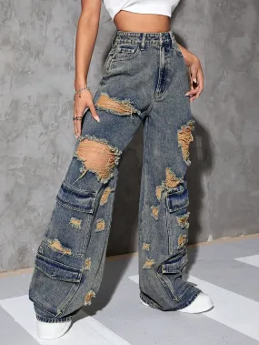 Ripped High Waist Cargo Jeans