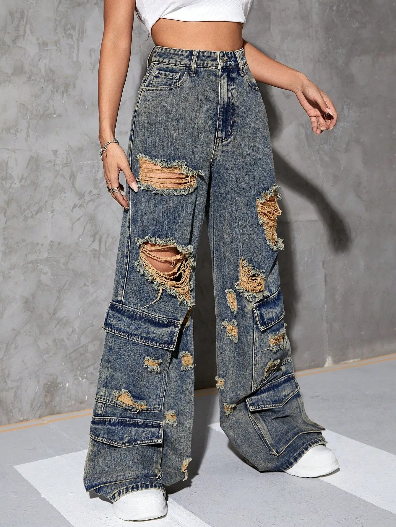 Ripped High Waist Cargo Jeans