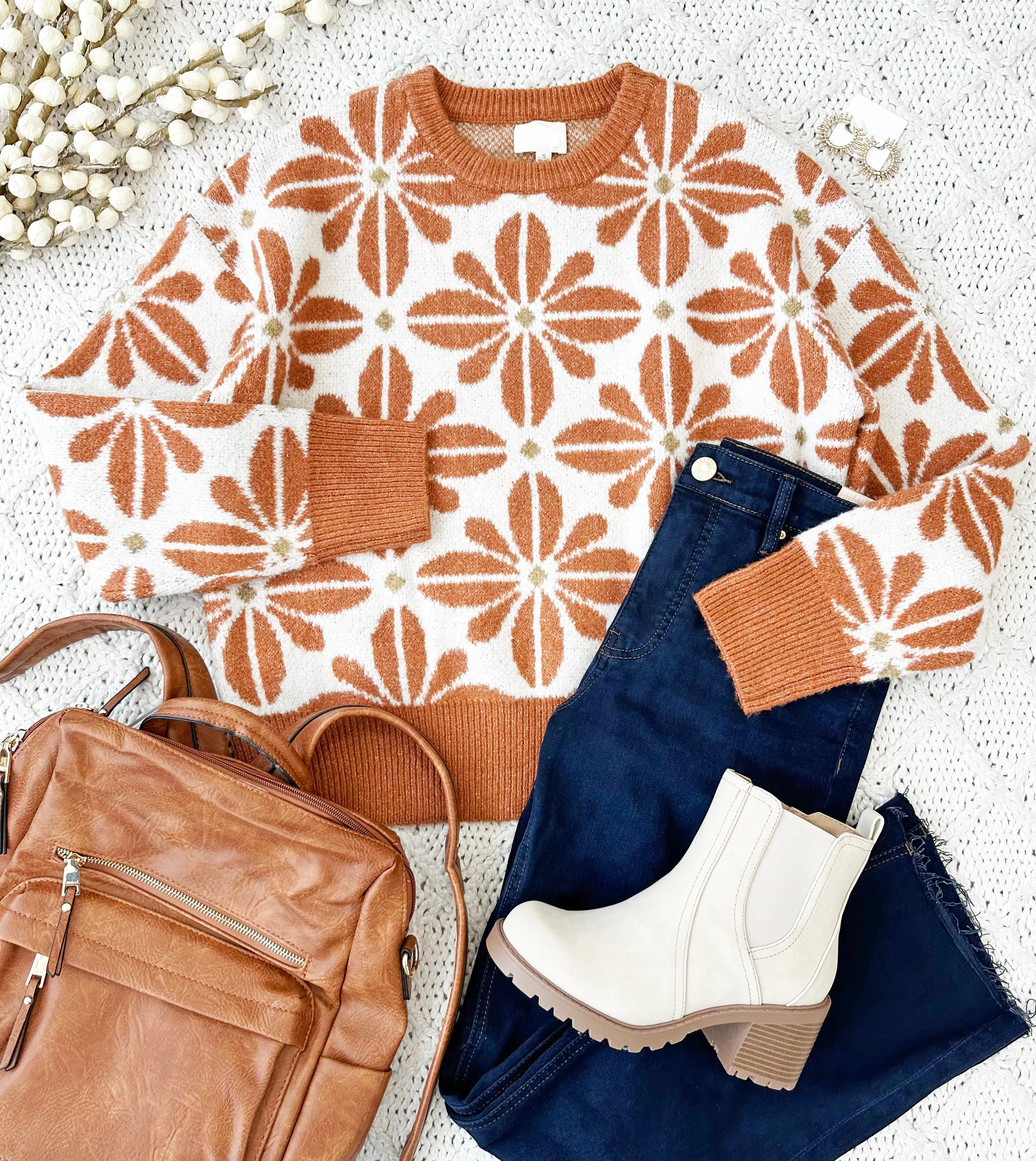 Rust Flower Pattern Sweater