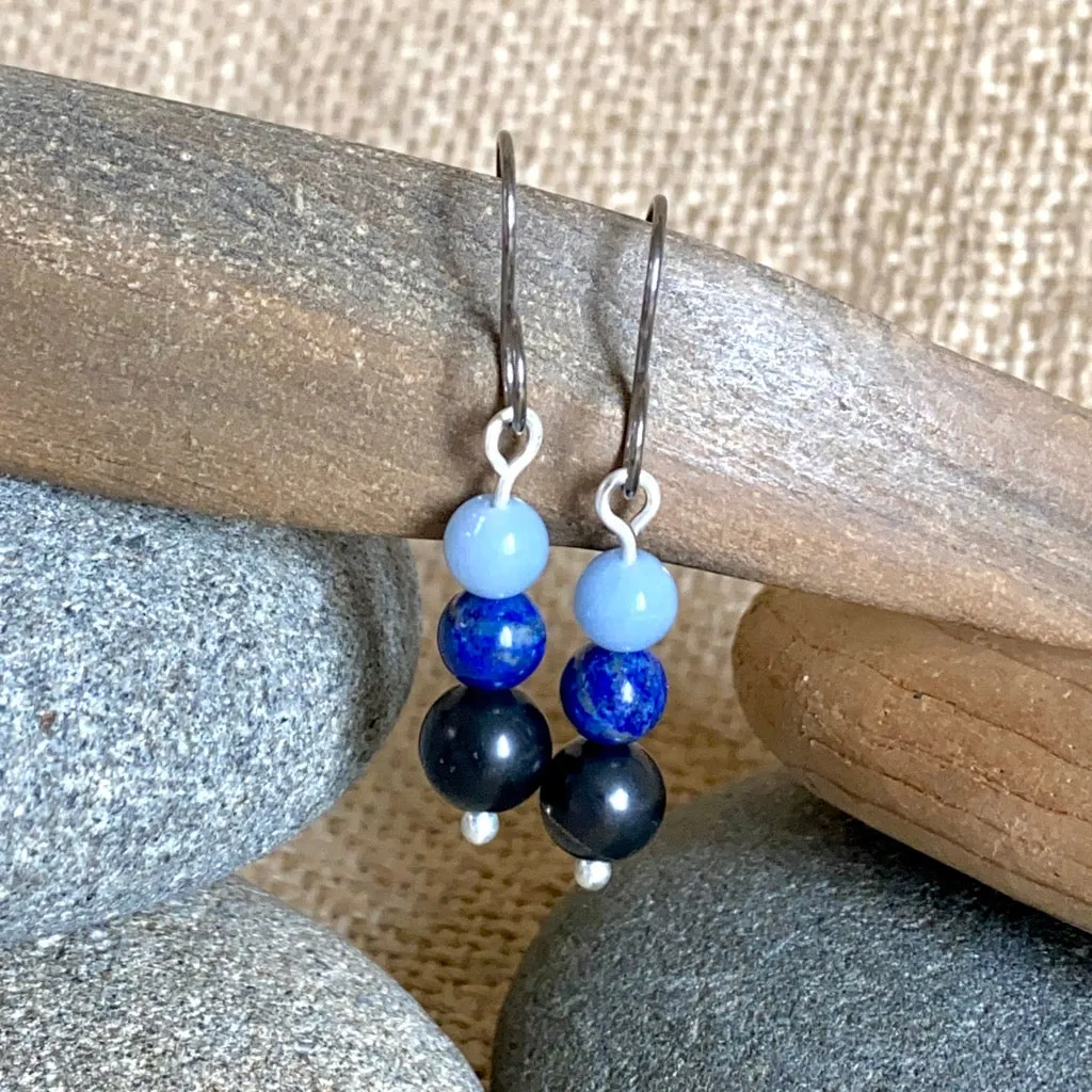 Shungite Earrings with Lapis and Angelite, Intuition, Communication