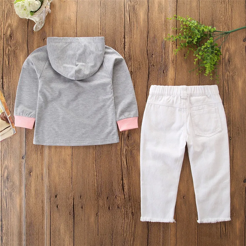 Spring And Autumn New Style Long-sleeved Gray Hooded Top And White Ripped Pants