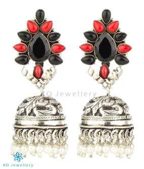 The Aarzoo Silver Gemstone Jhumka(Red/Black)