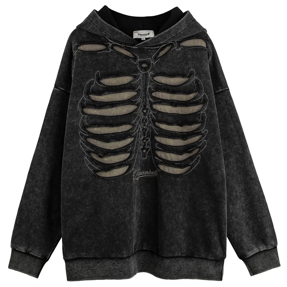 VANCARHELL Skeleton Ribcage Acid Wash Hoodie