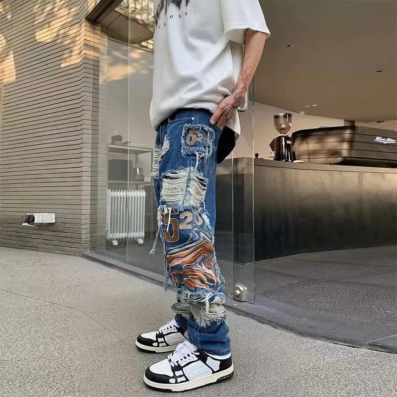 Wiaofellas  -  Hip Hop Men's Jeans New Fashion Patchs Ripped Design Loose Denim Trousers Spring Men Vintage Embroidery Mens Denim Pants Summer