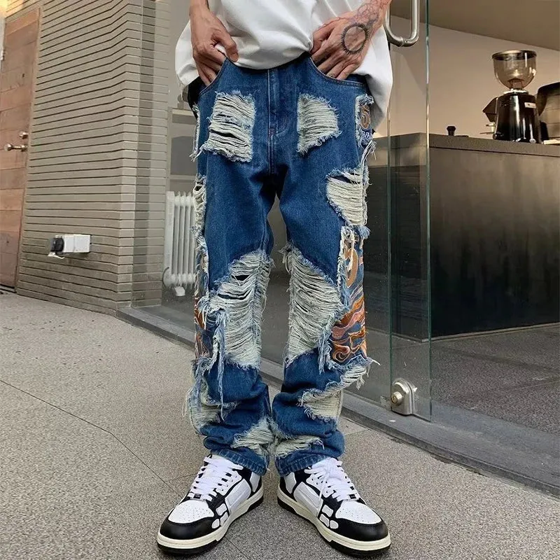 Wiaofellas  -  Hip Hop Men's Jeans New Fashion Patchs Ripped Design Loose Denim Trousers Spring Men Vintage Embroidery Mens Denim Pants Summer