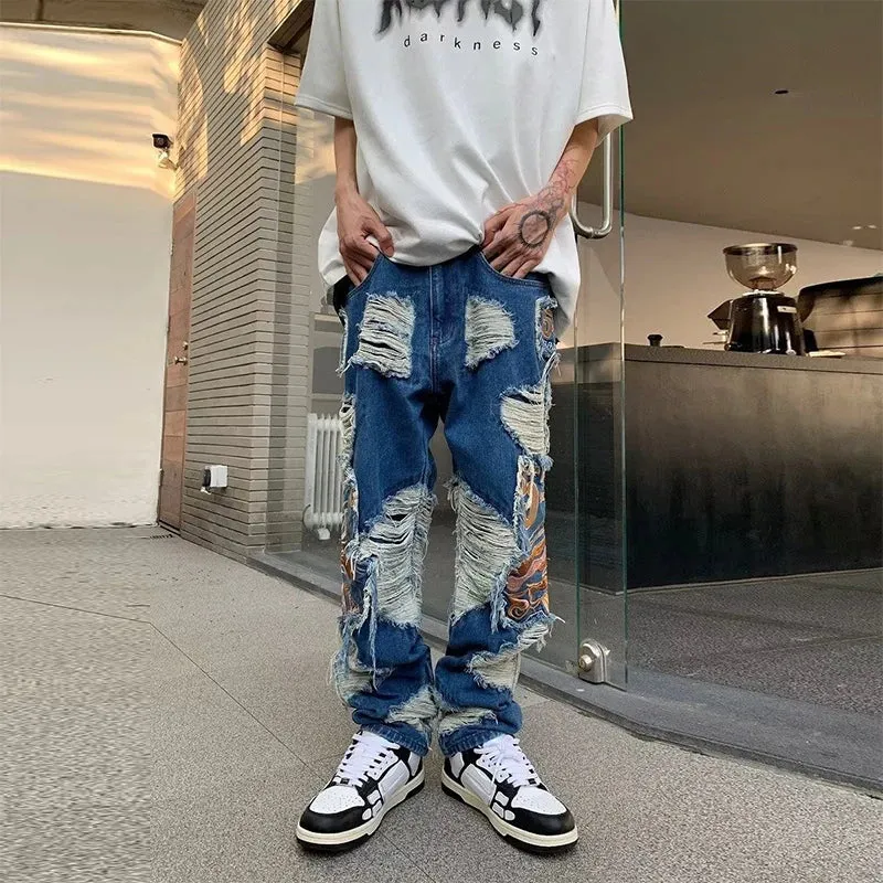 Wiaofellas  -  Hip Hop Men's Jeans New Fashion Patchs Ripped Design Loose Denim Trousers Spring Men Vintage Embroidery Mens Denim Pants Summer