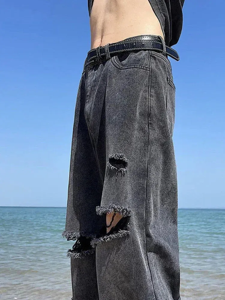 Wiaofellas  -  Men's Jeans Broken Black Torn Man Cowboy Pants Ripped Trousers Straight with Holes Clothes Y2k 2000s Summer High Quality Baggy