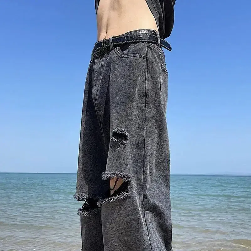 Wiaofellas  -  Men's Jeans Broken Black Torn Man Cowboy Pants Ripped Trousers Straight with Holes Clothes Y2k 2000s Summer High Quality Baggy