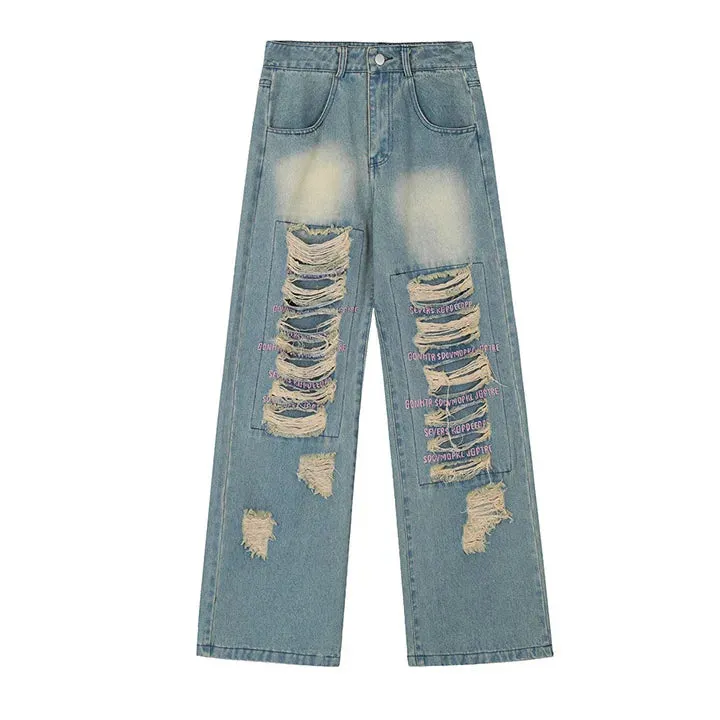 Wiaofellas  -   Ripped Embroidery Jeans Pants Washed Blue Streetwear Denim Trousers For Male