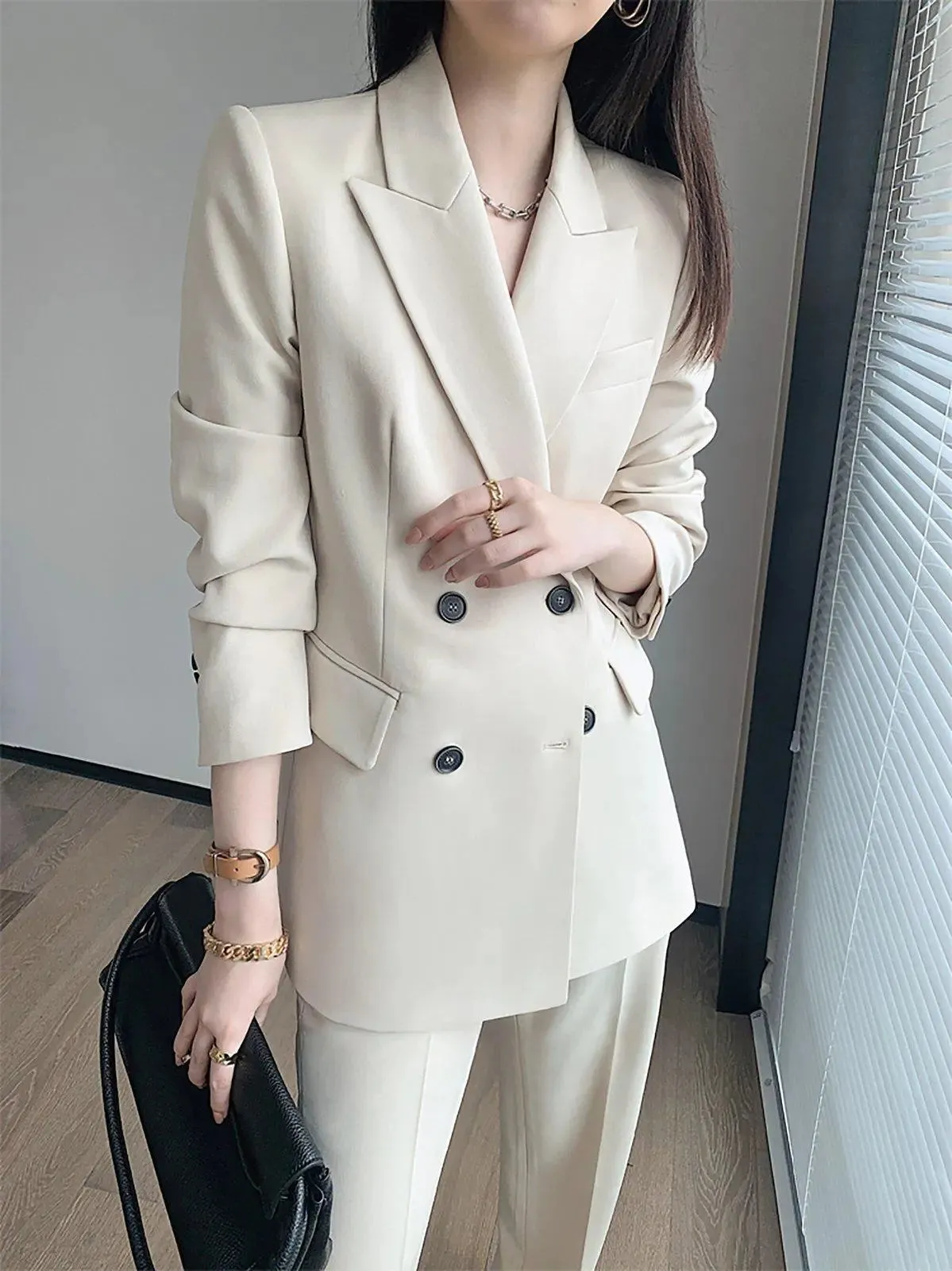 Women's Beige Blazer Suit Wide Leg Pants,Double Breasted Blazer Coat,High Waist Trousers,wedding suit women,Fall Coat Suit,Office Lady wear