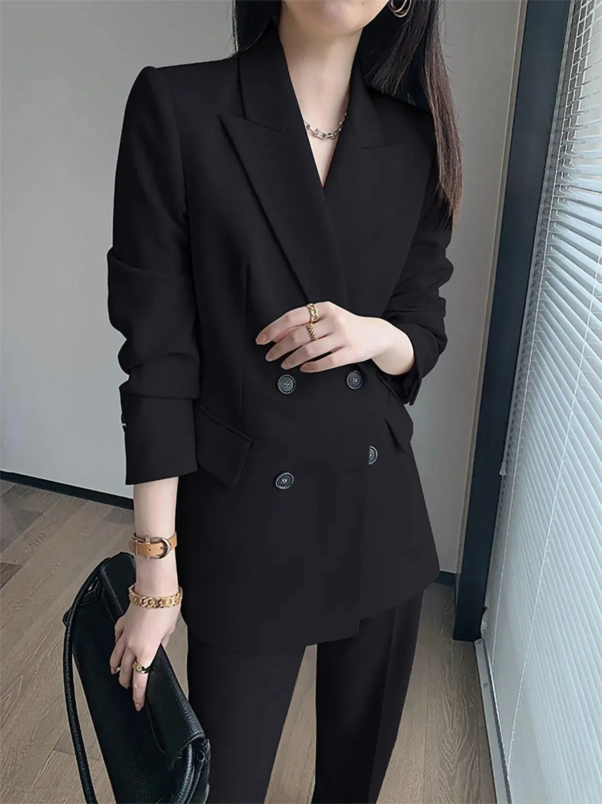 Women's Beige Blazer Suit Wide Leg Pants,Double Breasted Blazer Coat,High Waist Trousers,wedding suit women,Fall Coat Suit,Office Lady wear