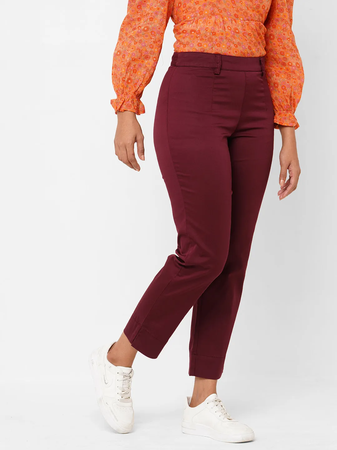 Women's Maroon/Red Cotton Lycra Regular Fit Pant